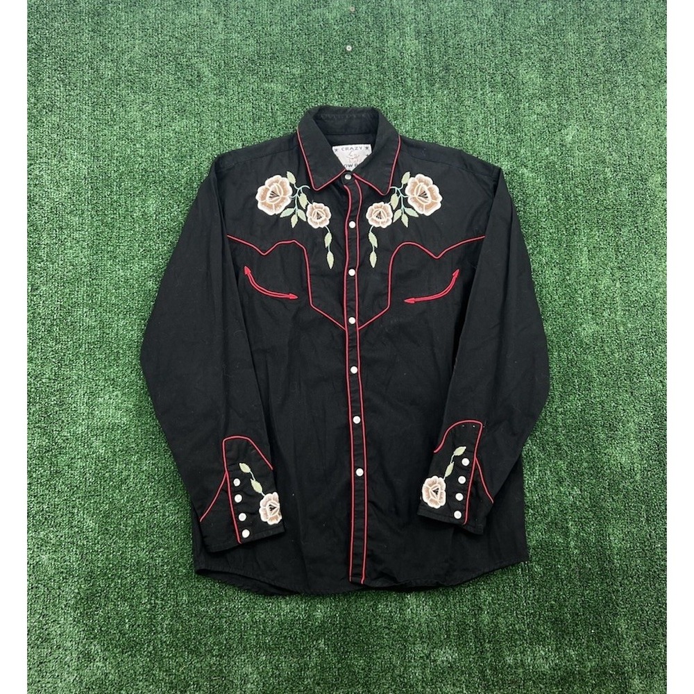 Vintage Crazy Cowboy Western Snap Shirt Black Red Rose Embroidered Snap USA sz L